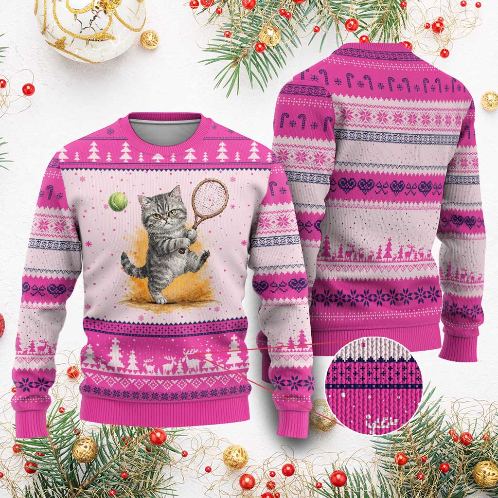 Funny Grumpy Cat Tennis Player Ugly Christmas Sweater Gift For Tennis Fans - Wonder Print Shop