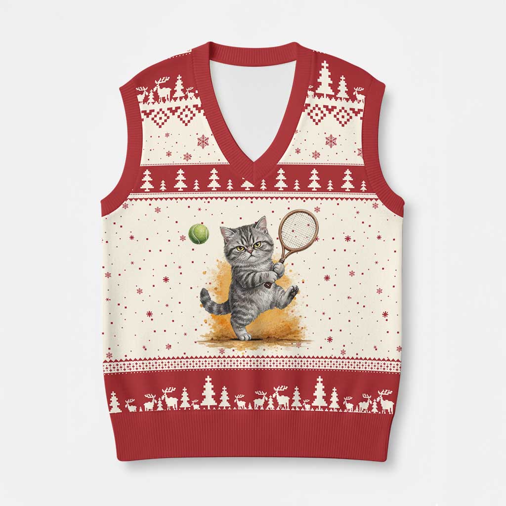 Funny Grumpy Cat Tennis Player V-Neck Knit Sweater Vest Gift For Tennis Fans - Wonder Print Shop