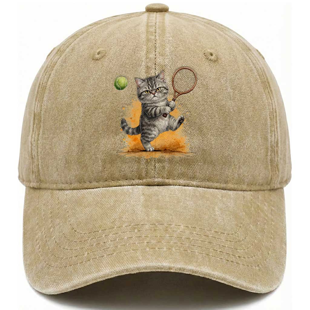 Funny Grumpy Cat Tennis Player Washed Cotton Baseball Cap Gift For Tennis Fans