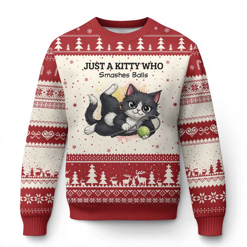 Just A Kitty Who Smashes Balls Ugly Christmas Sweater Funny Tennis Cat Gift - Wonder Print Shop