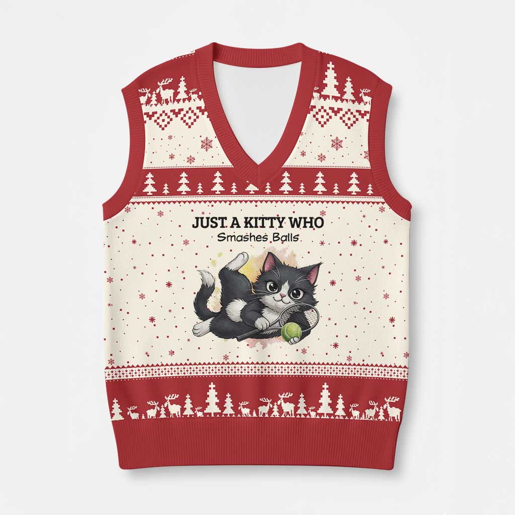 Just A Kitty Who Smashes Balls V-Neck Knit Sweater Vest Funny Tennis Cat Gift - Wonder Print Shop
