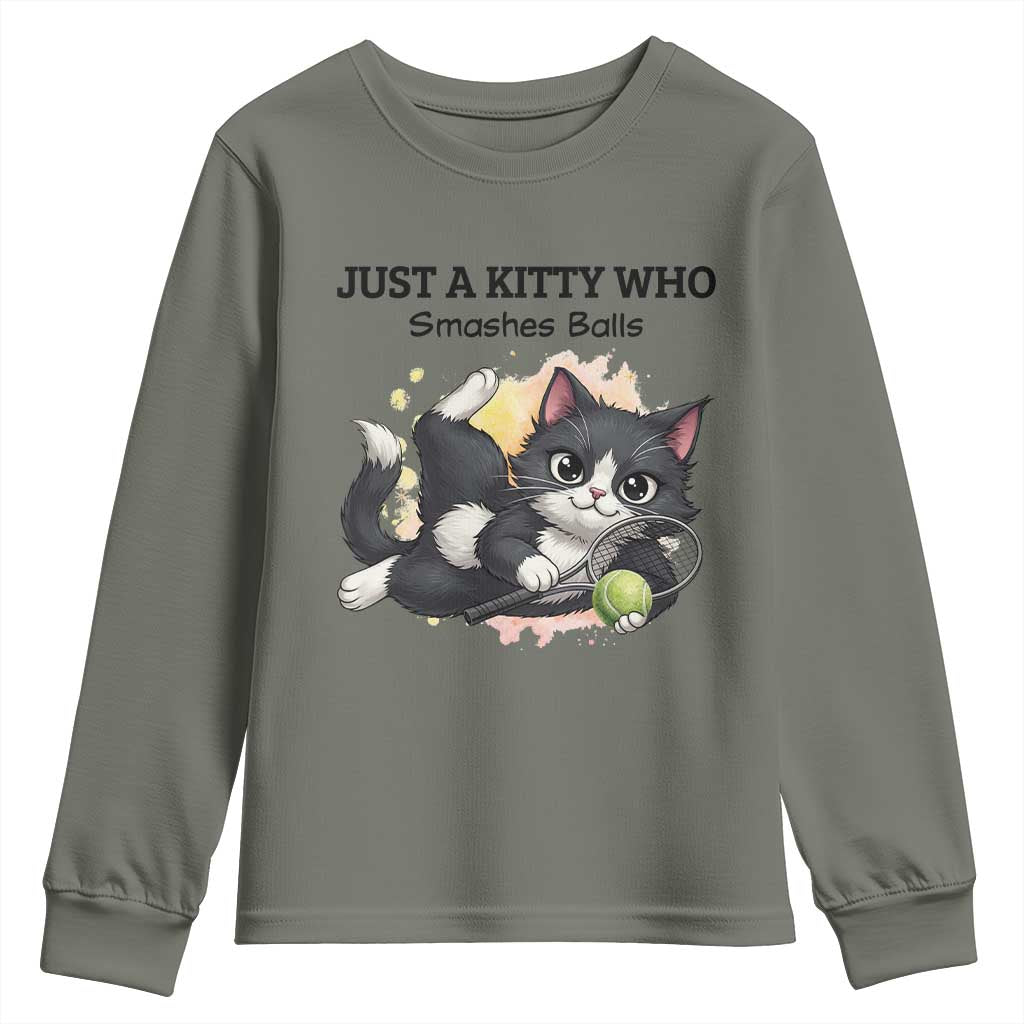 Just A Kitty Who Smashes Balls Youth Sweatshirt Funny Tennis Cat Gift - Wonder Print Shop