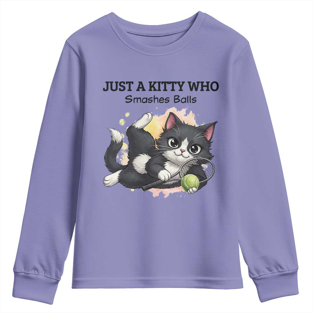 Just A Kitty Who Smashes Balls Youth Sweatshirt Funny Tennis Cat Gift - Wonder Print Shop