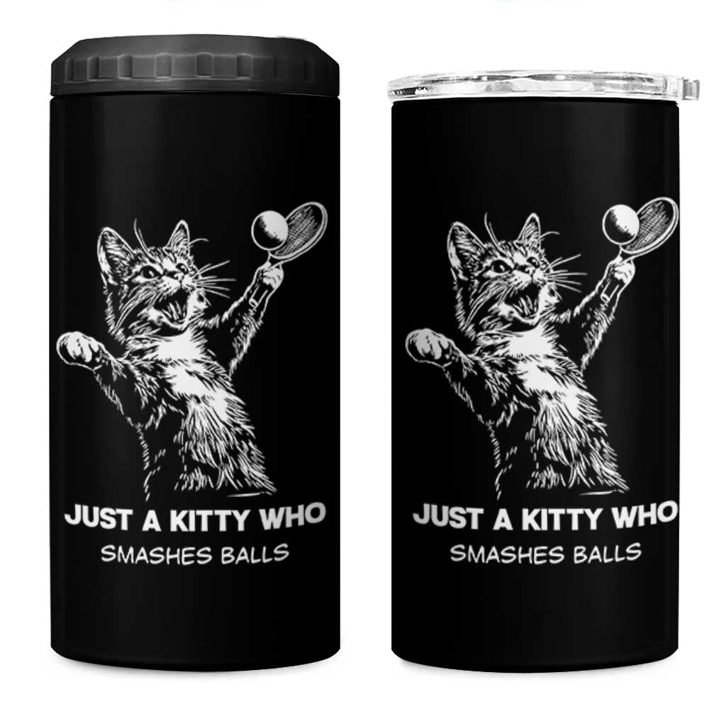 Funny Cat Plays Tennis 4 in 1 Can Cooler Tumbler Just A Kitty Who Smashes Balls - Wonder Print Shop