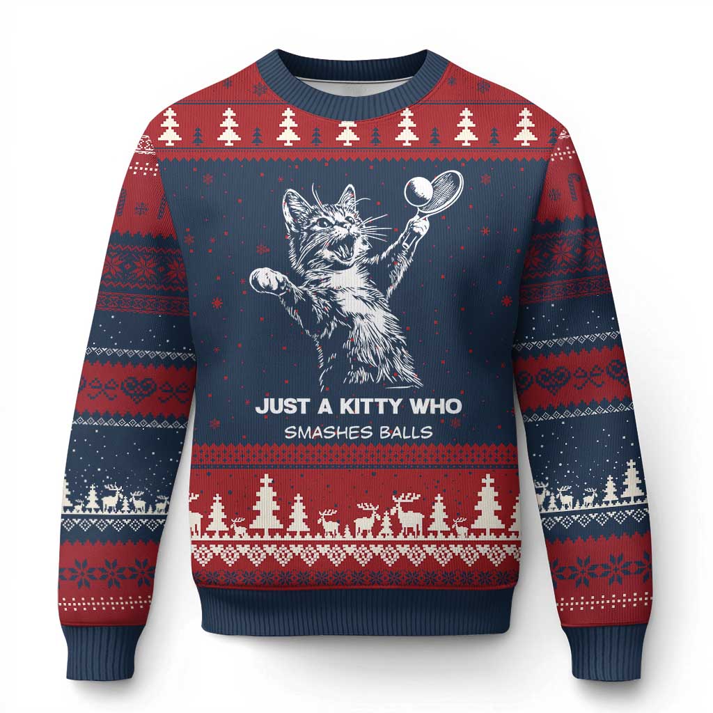 Funny Cat Plays Tennis Ugly Christmas Sweater Just A Kitty Who Smashes Balls - Wonder Print Shop
