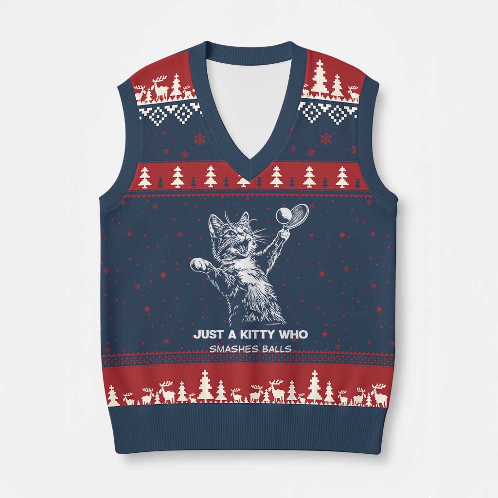 Funny Cat Plays Tennis V-Neck Knit Sweater Vest Just A Kitty Who Smashes Balls - Wonder Print Shop