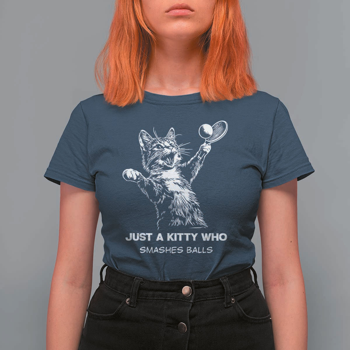 Funny Cat Plays Tennis T Shirt For Women Just A Kitty Who Smashes Balls - Wonder Print Shop