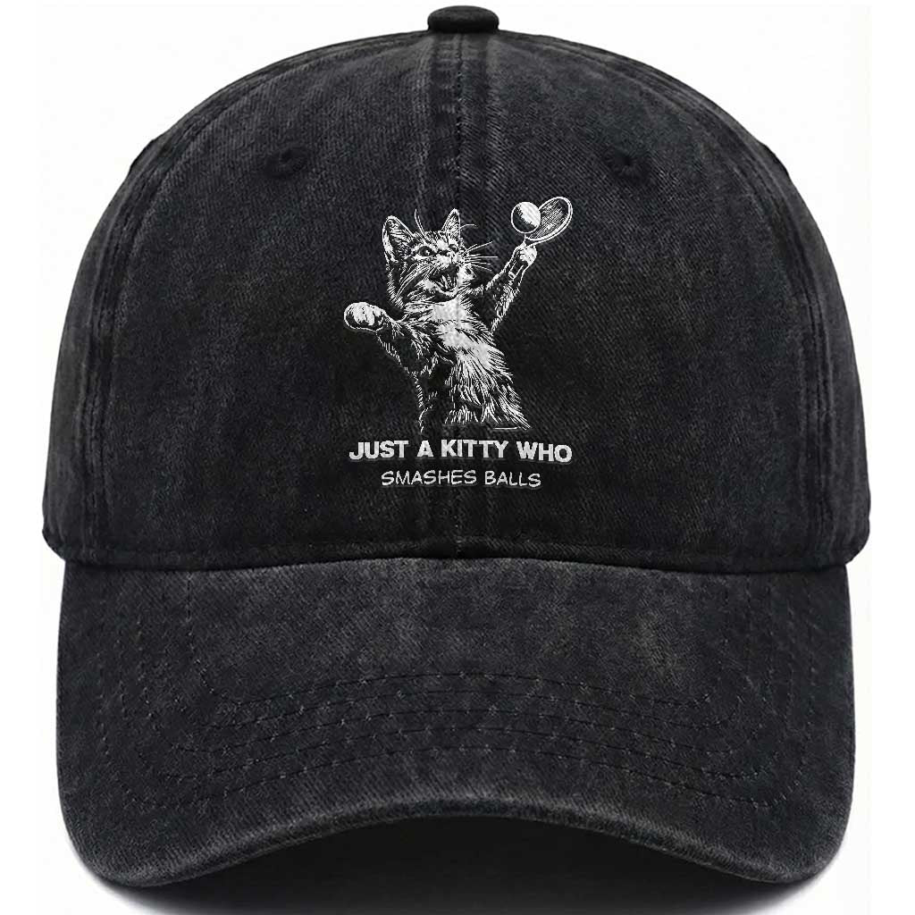 Funny Cat Plays Tennis Washed Cotton Baseball Cap Just A Kitty Who Smashes Balls