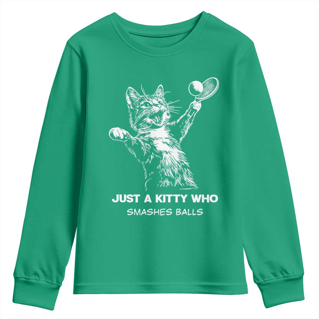 Funny Cat Plays Tennis Youth Sweatshirt Just A Kitty Who Smashes Balls - Wonder Print Shop