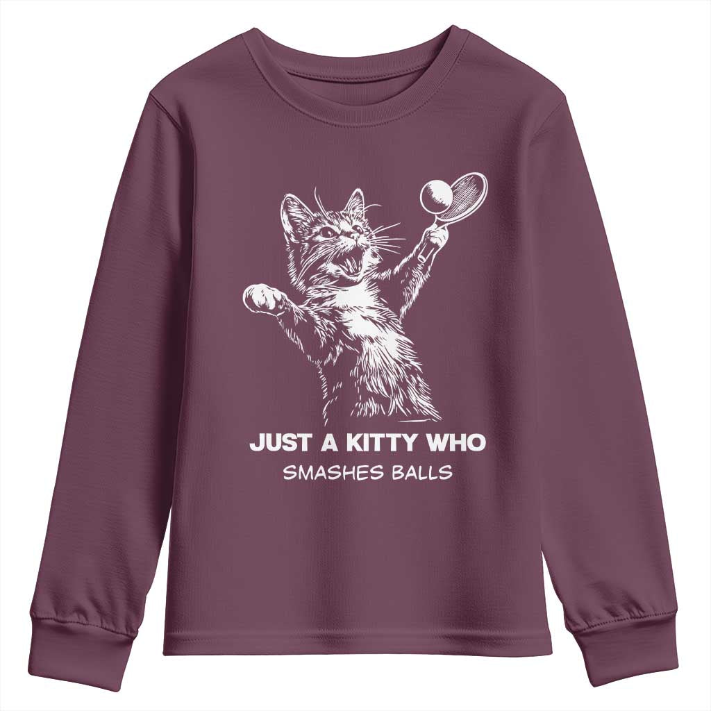 Funny Cat Plays Tennis Youth Sweatshirt Just A Kitty Who Smashes Balls - Wonder Print Shop