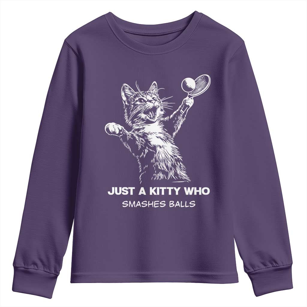 Funny Cat Plays Tennis Youth Sweatshirt Just A Kitty Who Smashes Balls - Wonder Print Shop