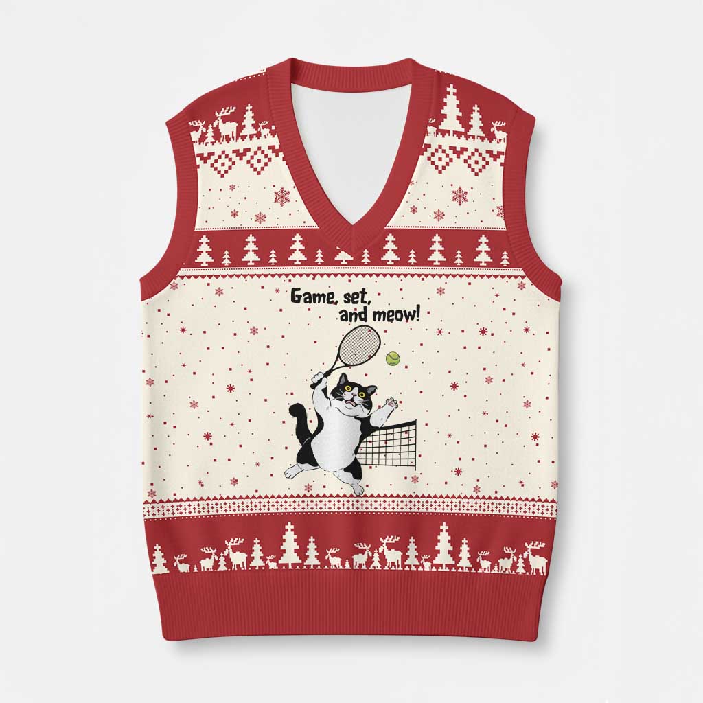 Funny Chubby Cat Tennis V-Neck Knit Sweater Vest Game Set And Meow - Wonder Print Shop