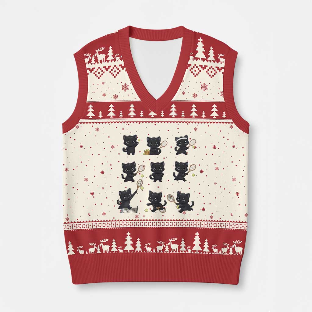 Funny Tennis Game Day Cat V-Neck Knit Sweater Vest Tennis Player Gift - Wonder Print Shop