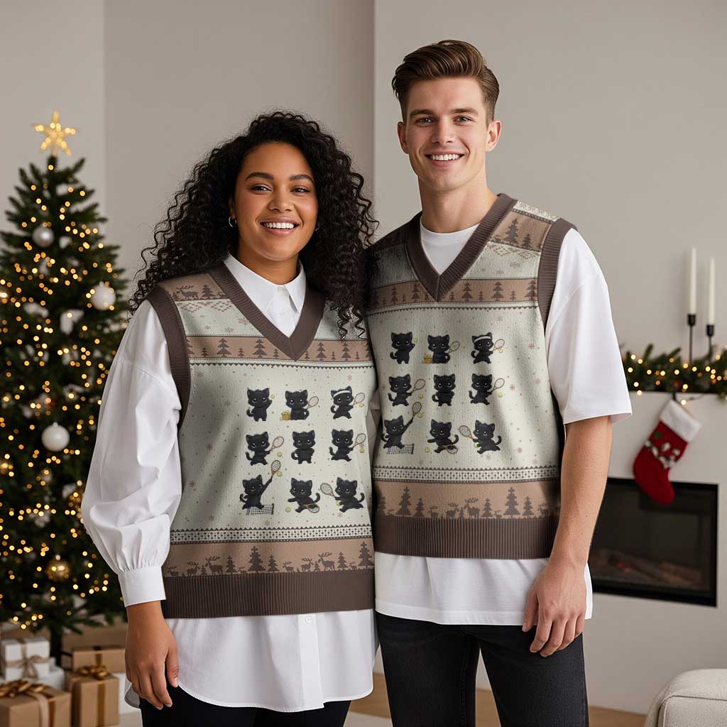 Funny Tennis Game Day Cat V-Neck Knit Sweater Vest Tennis Player Gift - Wonder Print Shop