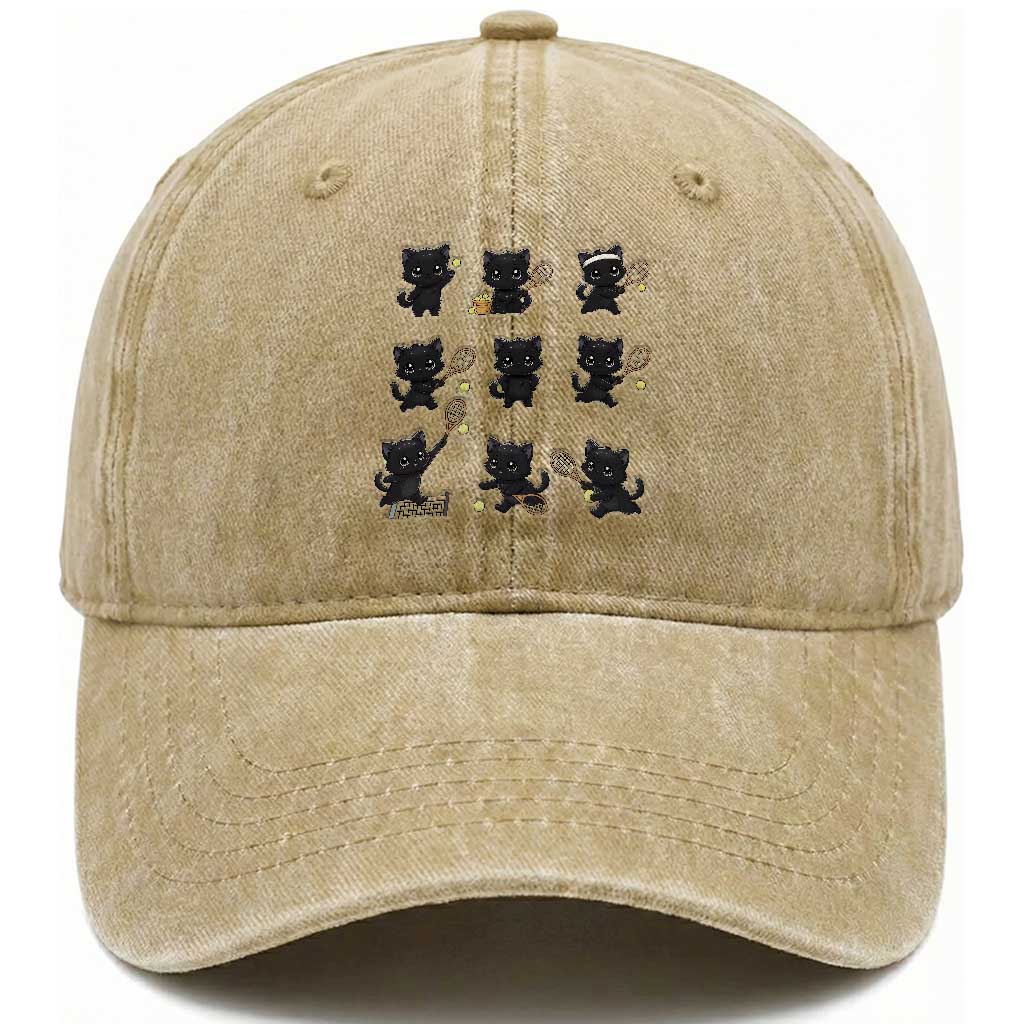 Funny Tennis Game Day Cat Washed Cotton Baseball Cap Tennis Player Gift