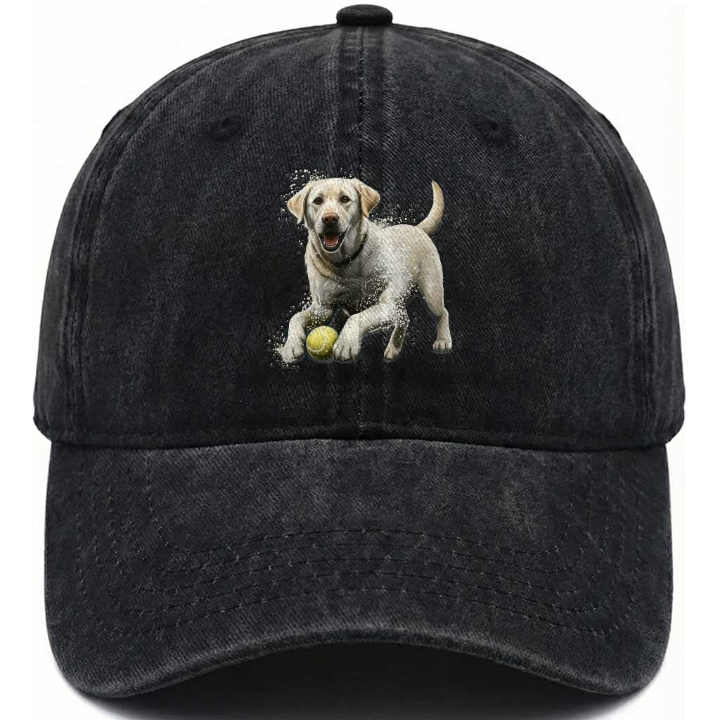 Cute Yellow Labrador Retriever With Tennis Ball Washed Cotton Baseball Cap