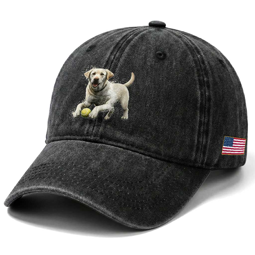 Cute Yellow Labrador Retriever With Tennis Ball Washed Cotton Baseball Cap
