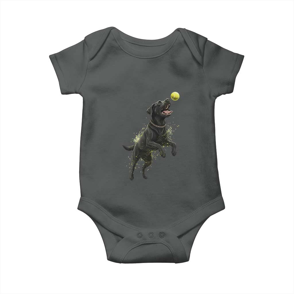 Playful Black Labrador Fetching Chasing Tennis Ball Baby Onesie - Wonder Print Shop