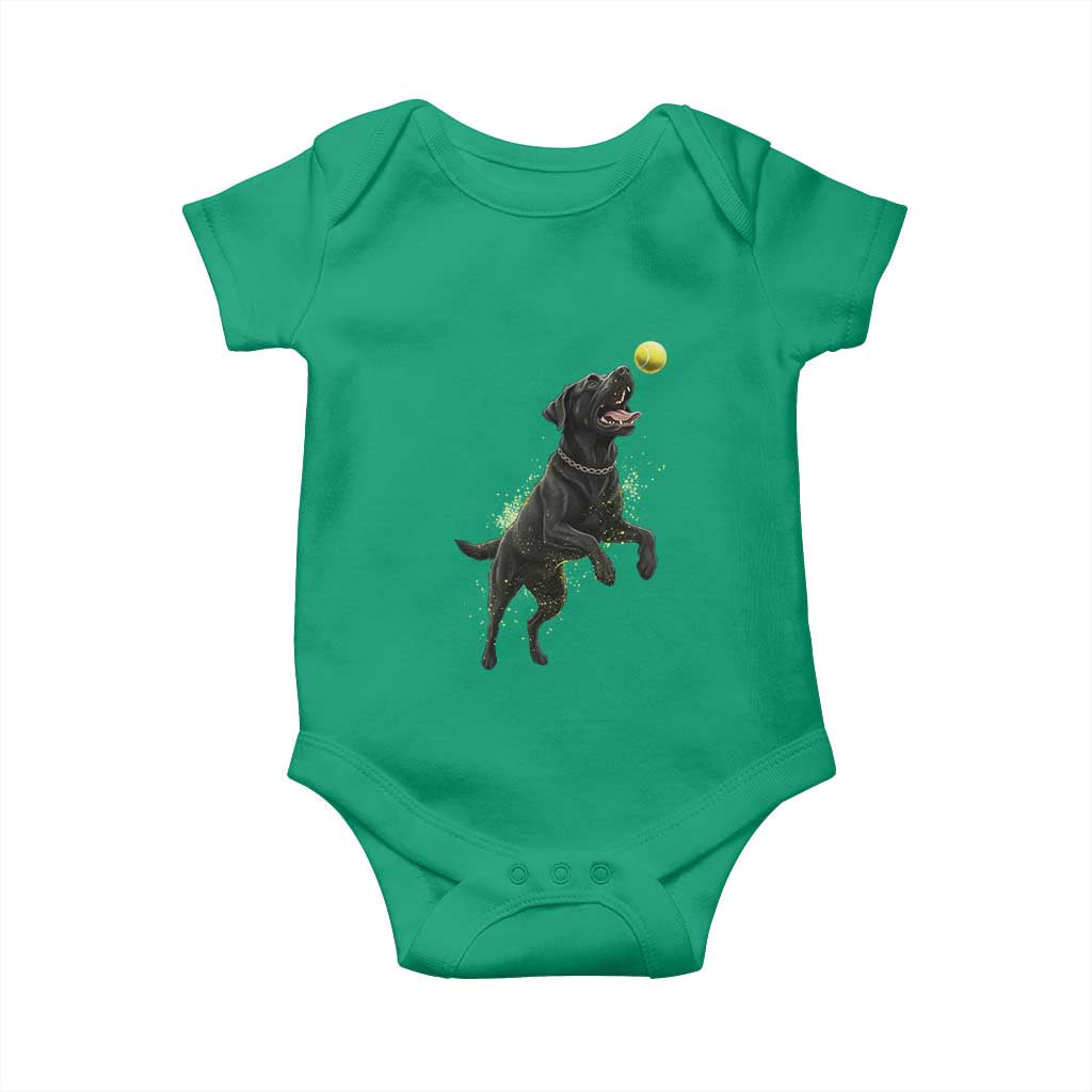 Playful Black Labrador Fetching Chasing Tennis Ball Baby Onesie - Wonder Print Shop