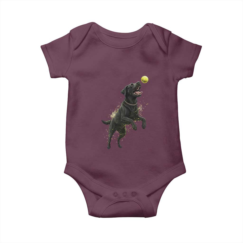 Playful Black Labrador Fetching Chasing Tennis Ball Baby Onesie - Wonder Print Shop