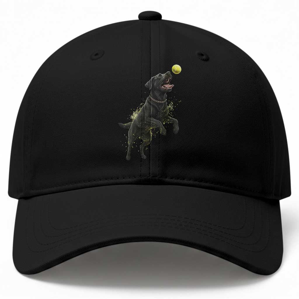 Playful Black Labrador Fetching Chasing Tennis Ball Baseball Cap