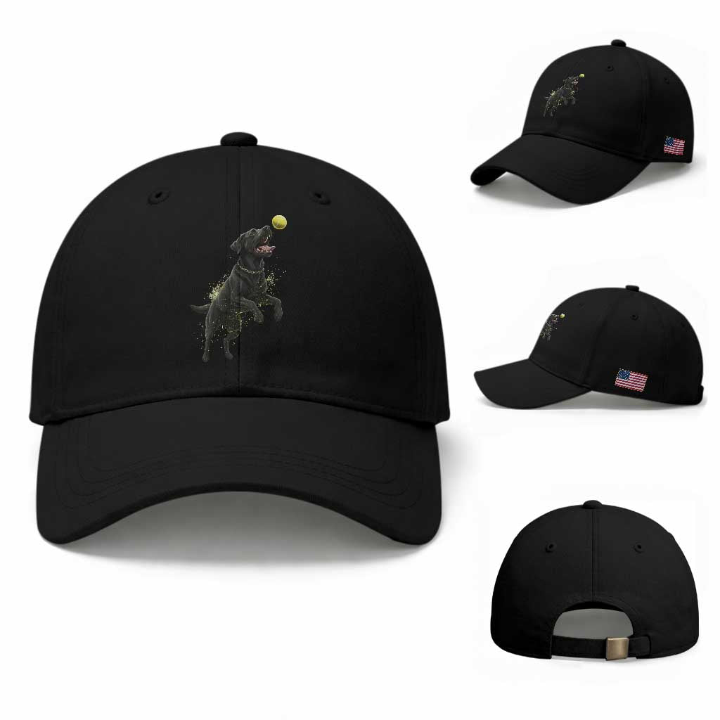 Playful Black Labrador Fetching Chasing Tennis Ball Baseball Cap