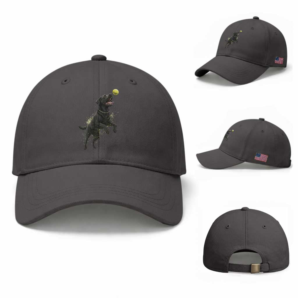 Playful Black Labrador Fetching Chasing Tennis Ball Baseball Cap