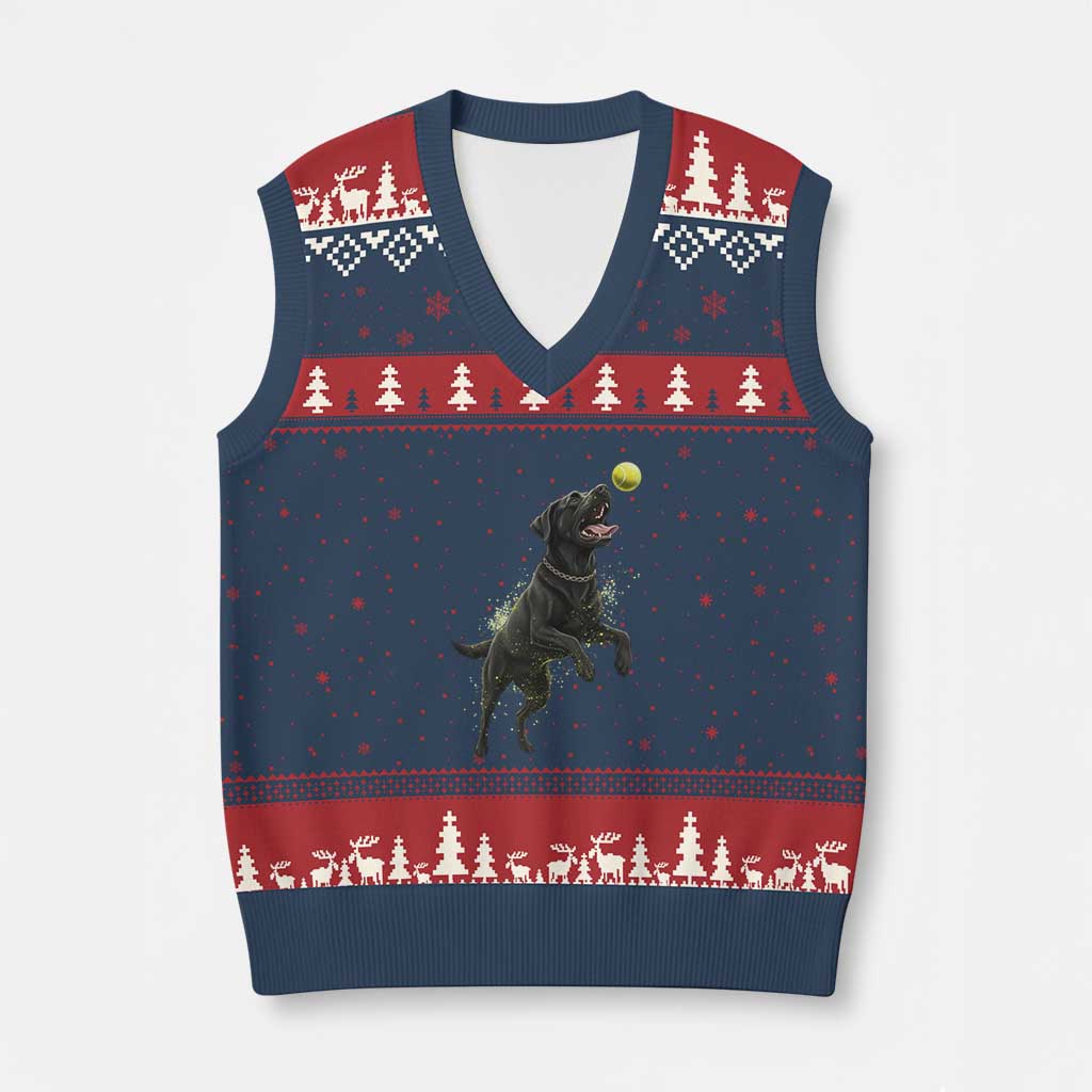 Playful Black Labrador Fetching Chasing Tennis Ball V-Neck Knit Sweater Vest - Wonder Print Shop