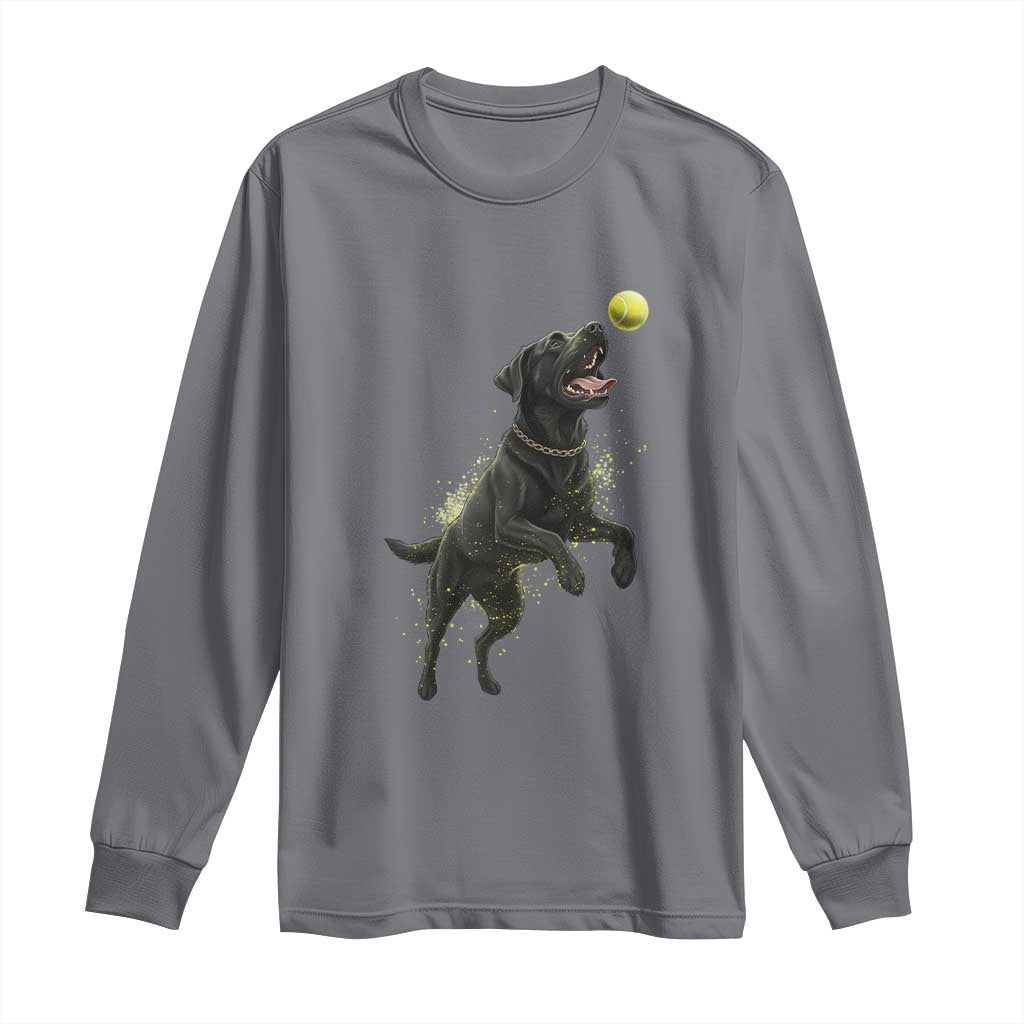 Playful Black Labrador Fetching Chasing Tennis Ball Long Sleeve Shirt - Wonder Print Shop