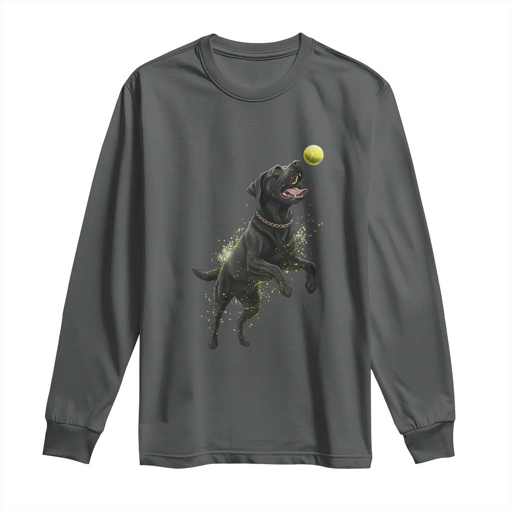 Playful Black Labrador Fetching Chasing Tennis Ball Long Sleeve Shirt - Wonder Print Shop