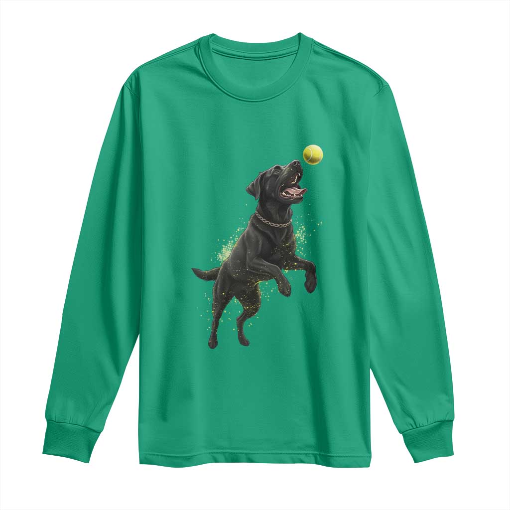 Playful Black Labrador Fetching Chasing Tennis Ball Long Sleeve Shirt - Wonder Print Shop