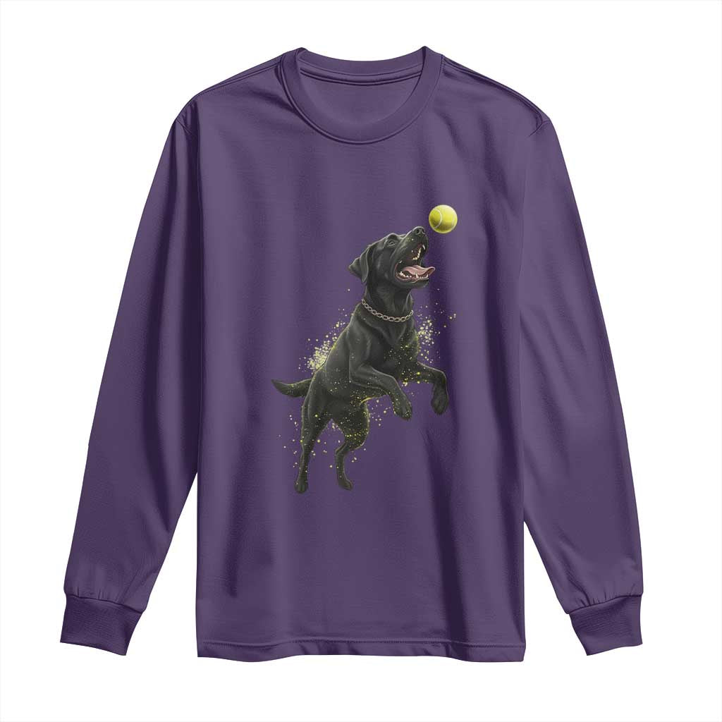 Playful Black Labrador Fetching Chasing Tennis Ball Long Sleeve Shirt - Wonder Print Shop