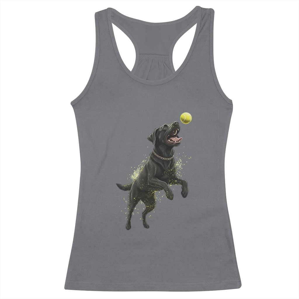 Playful Black Labrador Fetching Chasing Tennis Ball Racerback Tank Top - Wonder Print Shop