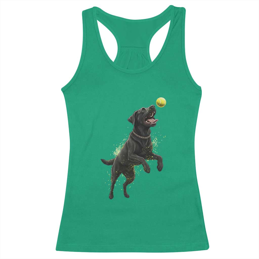 Playful Black Labrador Fetching Chasing Tennis Ball Racerback Tank Top - Wonder Print Shop