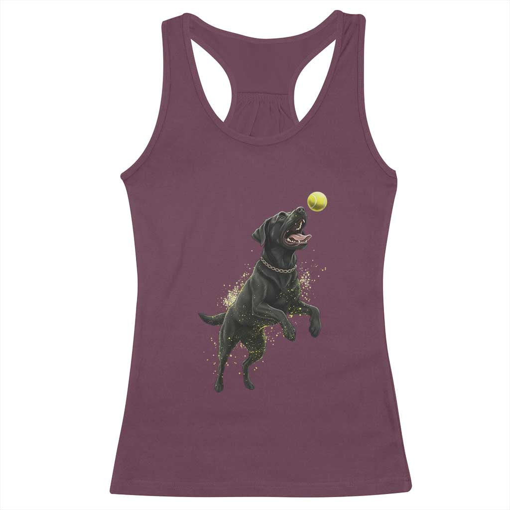 Playful Black Labrador Fetching Chasing Tennis Ball Racerback Tank Top - Wonder Print Shop