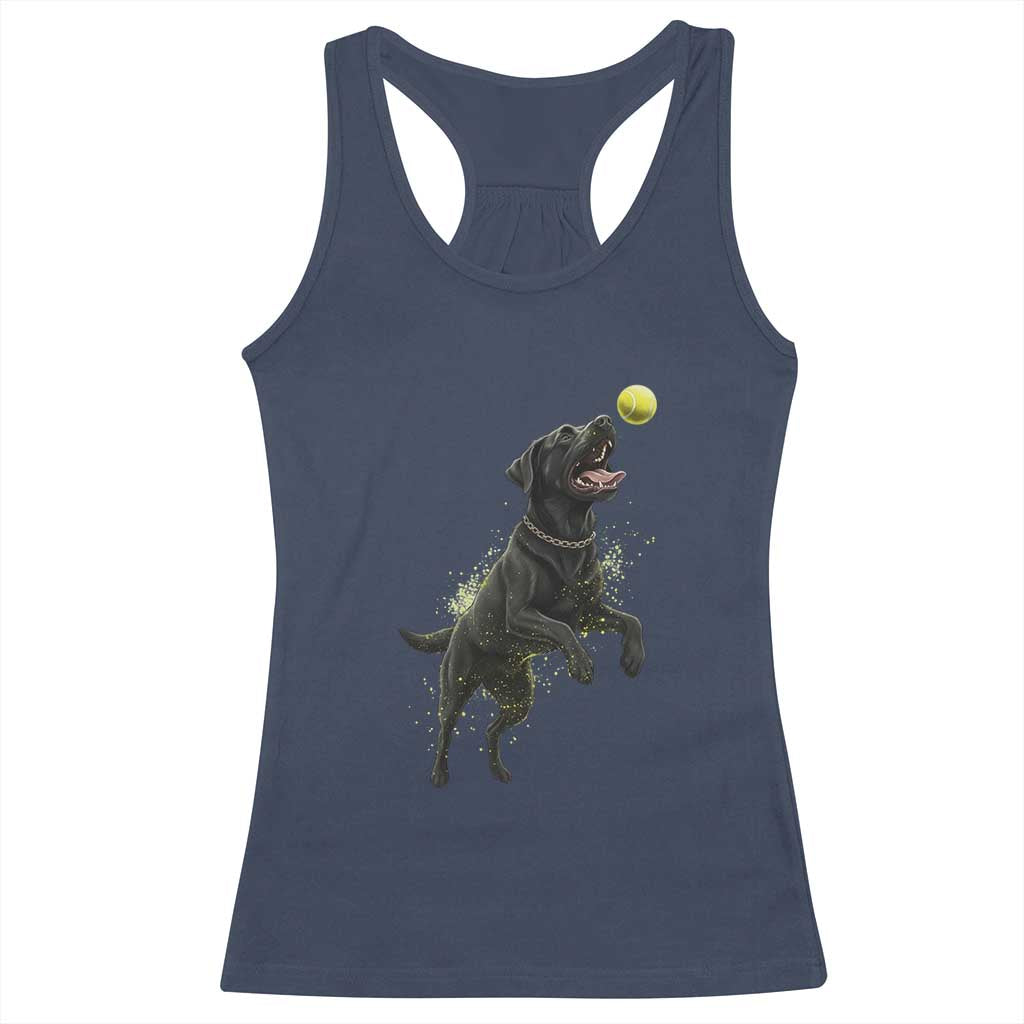 Playful Black Labrador Fetching Chasing Tennis Ball Racerback Tank Top - Wonder Print Shop