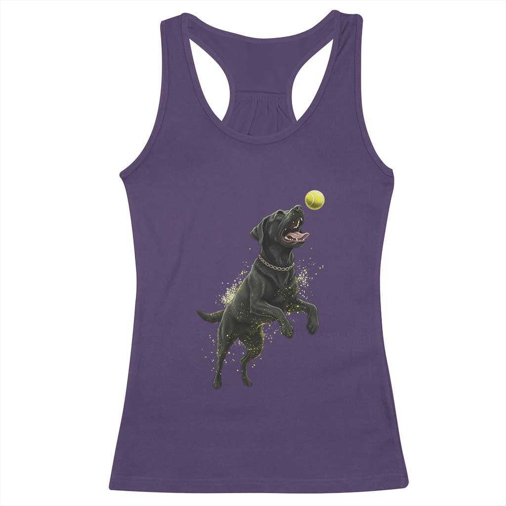 Playful Black Labrador Fetching Chasing Tennis Ball Racerback Tank Top - Wonder Print Shop