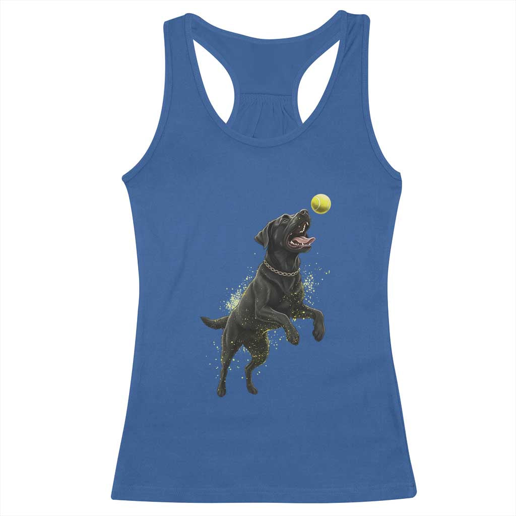 Playful Black Labrador Fetching Chasing Tennis Ball Racerback Tank Top - Wonder Print Shop