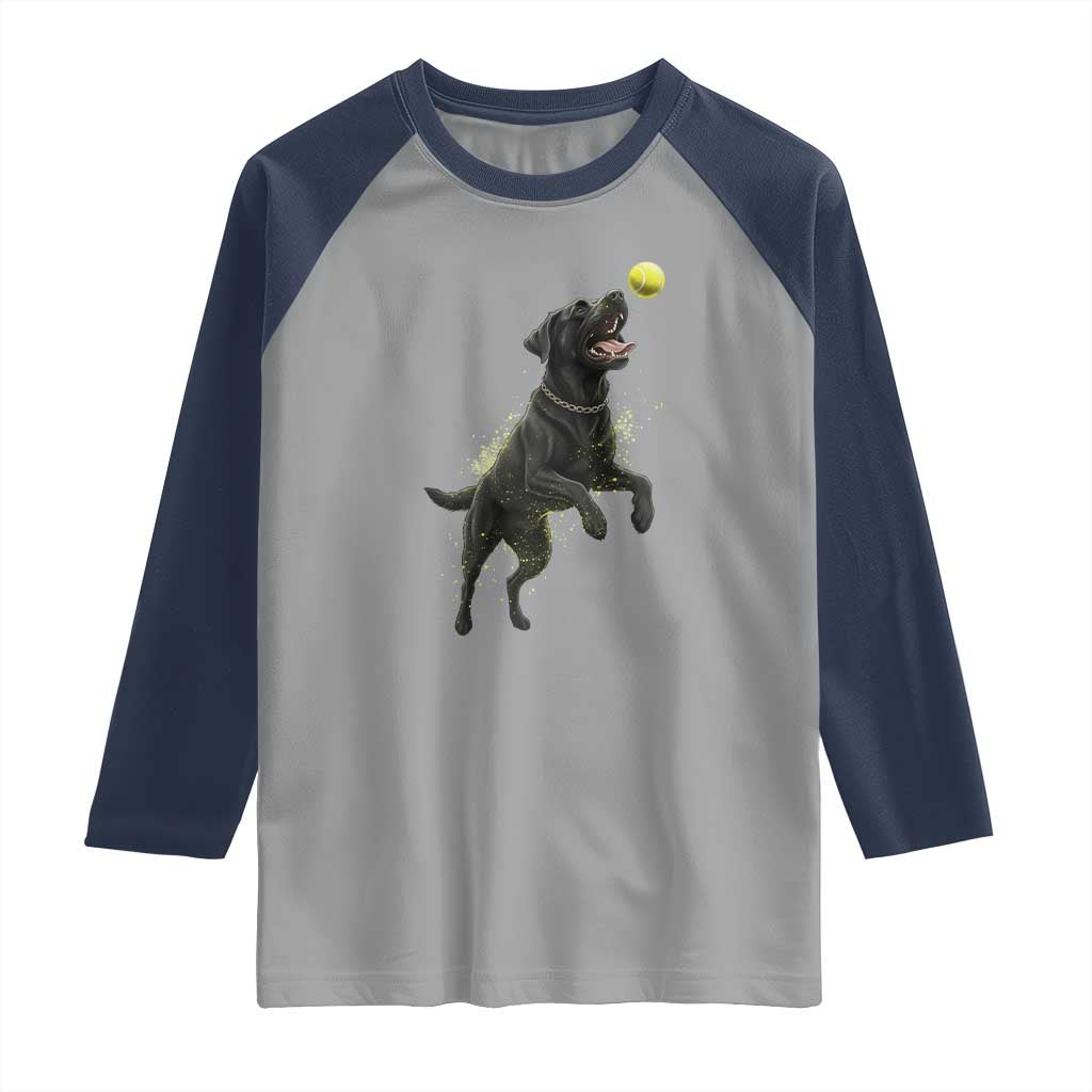 Playful Black Labrador Fetching Chasing Tennis Ball Raglan Shirt - Wonder Print Shop