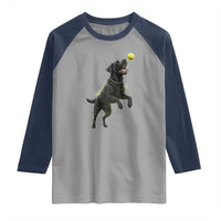 Playful Black Labrador Fetching Chasing Tennis Ball Raglan Shirt - Wonder Print Shop