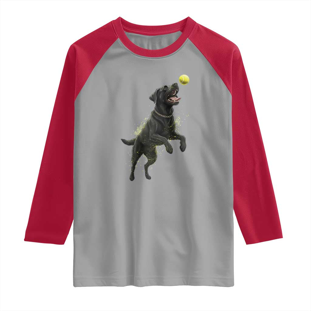 Playful Black Labrador Fetching Chasing Tennis Ball Raglan Shirt - Wonder Print Shop