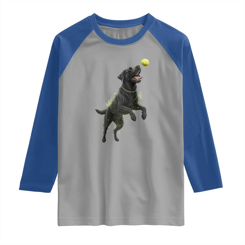 Playful Black Labrador Fetching Chasing Tennis Ball Raglan Shirt - Wonder Print Shop