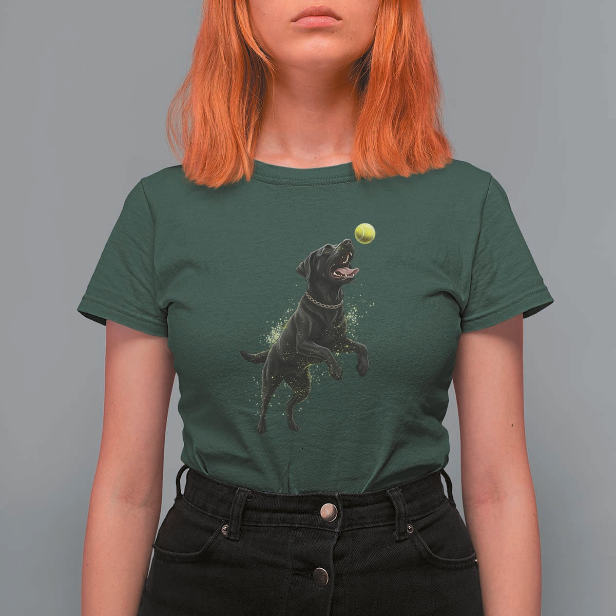 Playful Black Labrador Fetching Chasing Tennis Ball T Shirt For Women - Wonder Print Shop