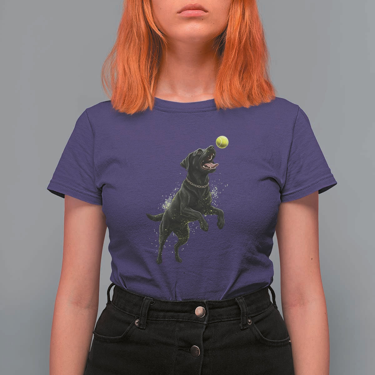 Playful Black Labrador Fetching Chasing Tennis Ball T Shirt For Women - Wonder Print Shop