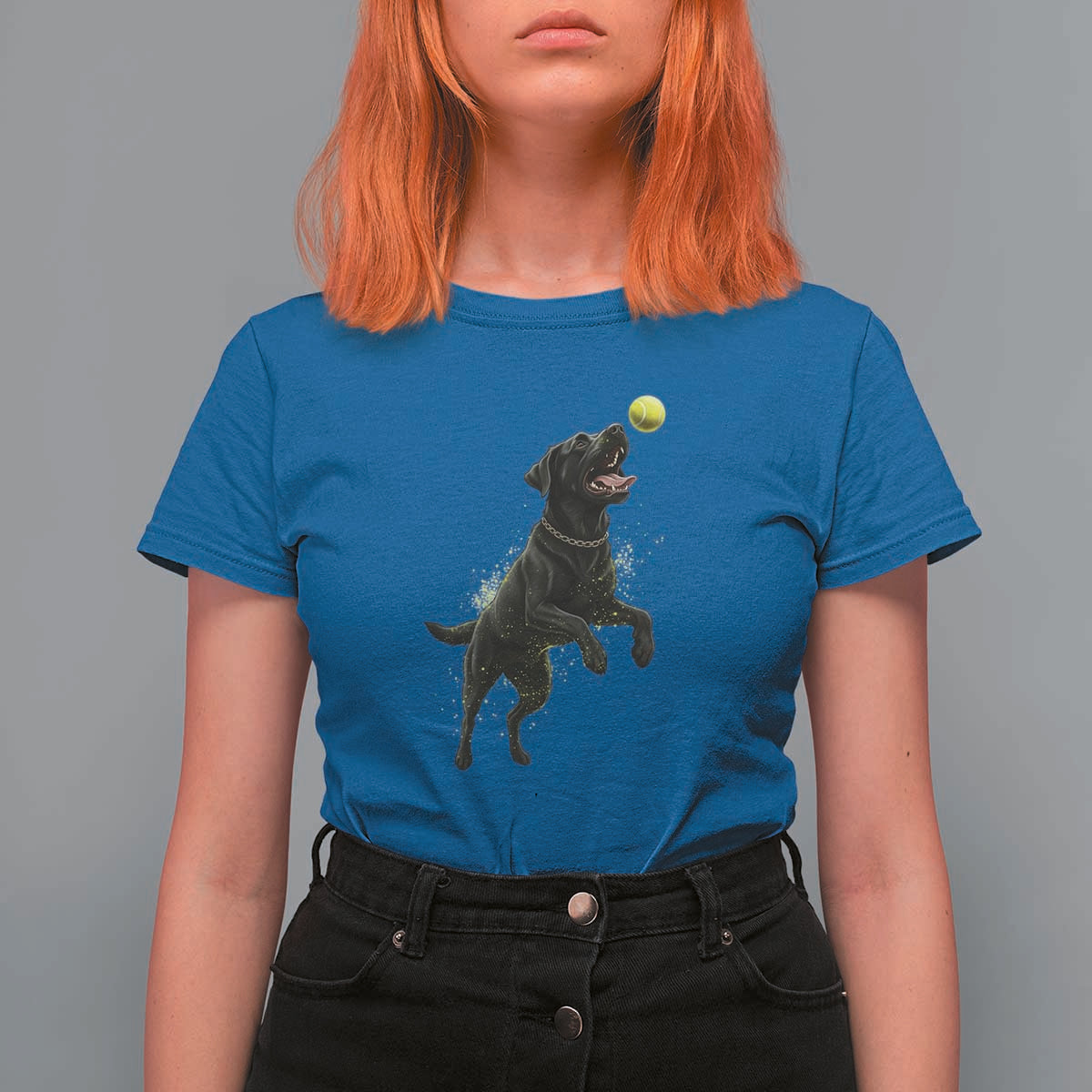 Playful Black Labrador Fetching Chasing Tennis Ball T Shirt For Women - Wonder Print Shop
