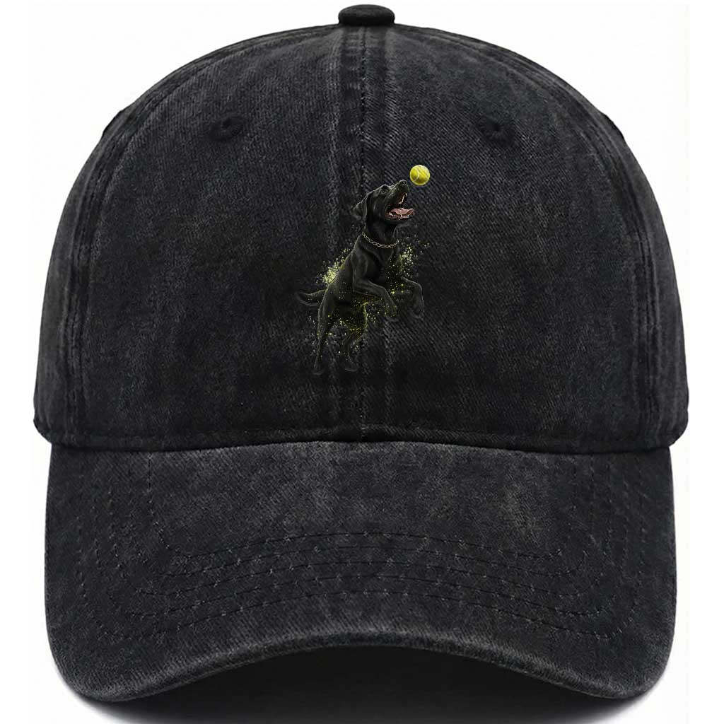 Playful Black Labrador Fetching Chasing Tennis Ball Washed Cotton Baseball Cap