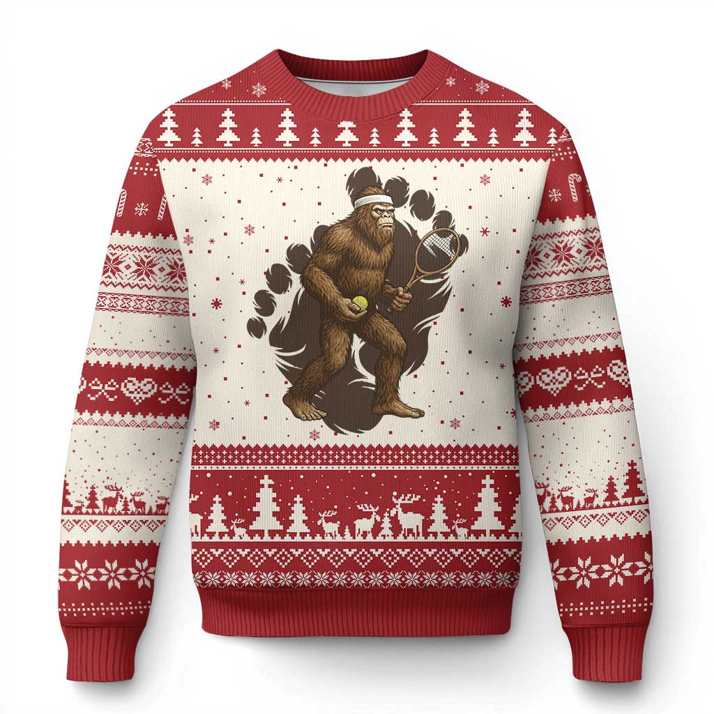 Funny Bigfoot Tennis Player Ugly Christmas Sweater Folklore Cryptid Gift - Wonder Print Shop