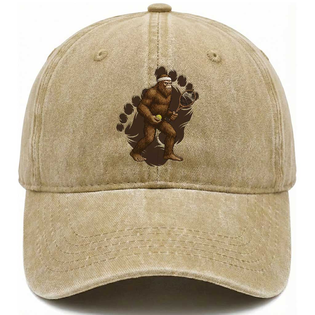 Funny Bigfoot Tennis Player Washed Cotton Baseball Cap Folklore Cryptid Gift