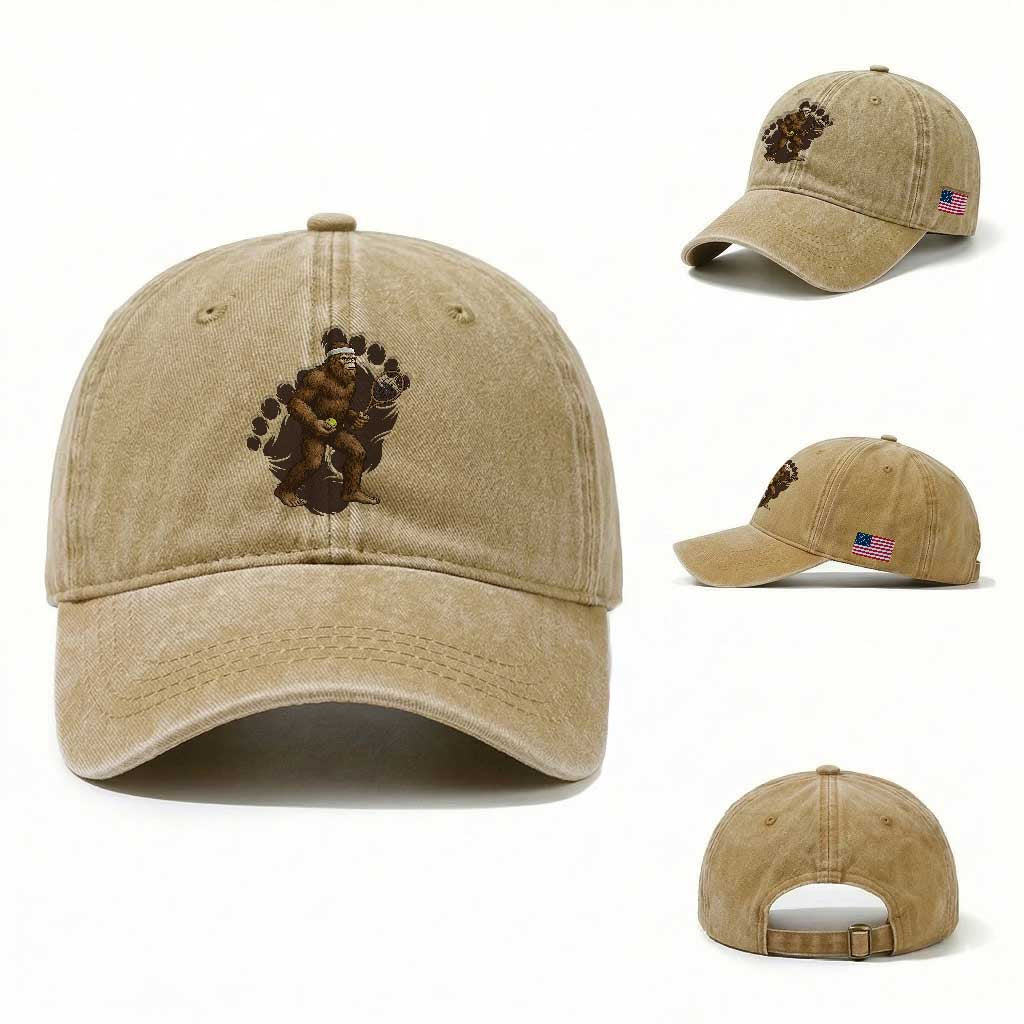 Funny Bigfoot Tennis Player Washed Cotton Baseball Cap Folklore Cryptid Gift