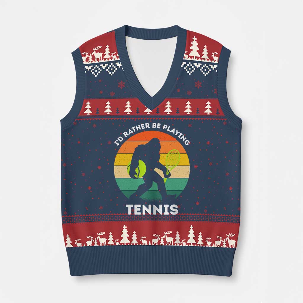 Id Rather Be Playing Tennis V-Neck Knit Sweater Vest Vintage Retro Bigfoot Tennis Player Gift - Wonder Print Shop